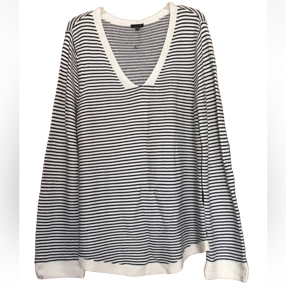 TALBOTS Womens XL Tunic Top Blue Pullover Waffle Knit Thermal Blue White Stripe